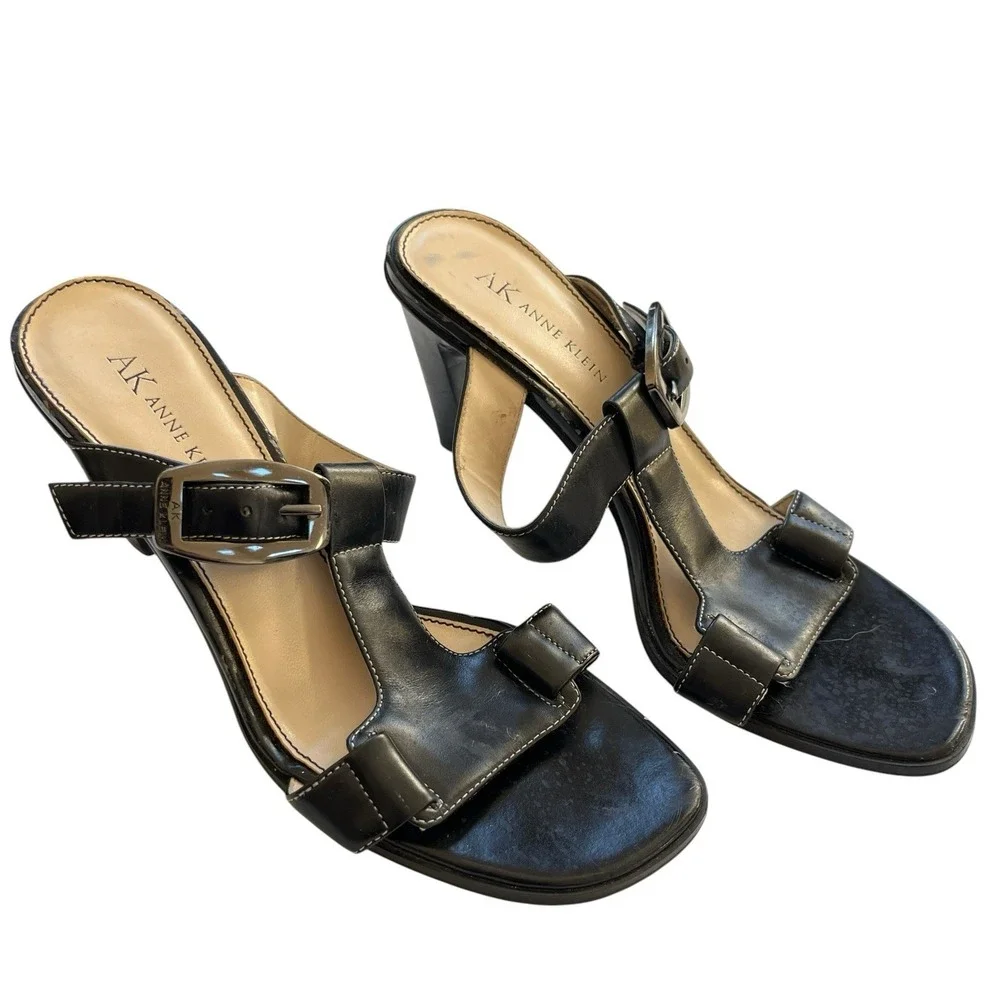 Anne Klein Maprincess Womens Size 6.5 M Black Leather Heeled Sandals Dress Shoes